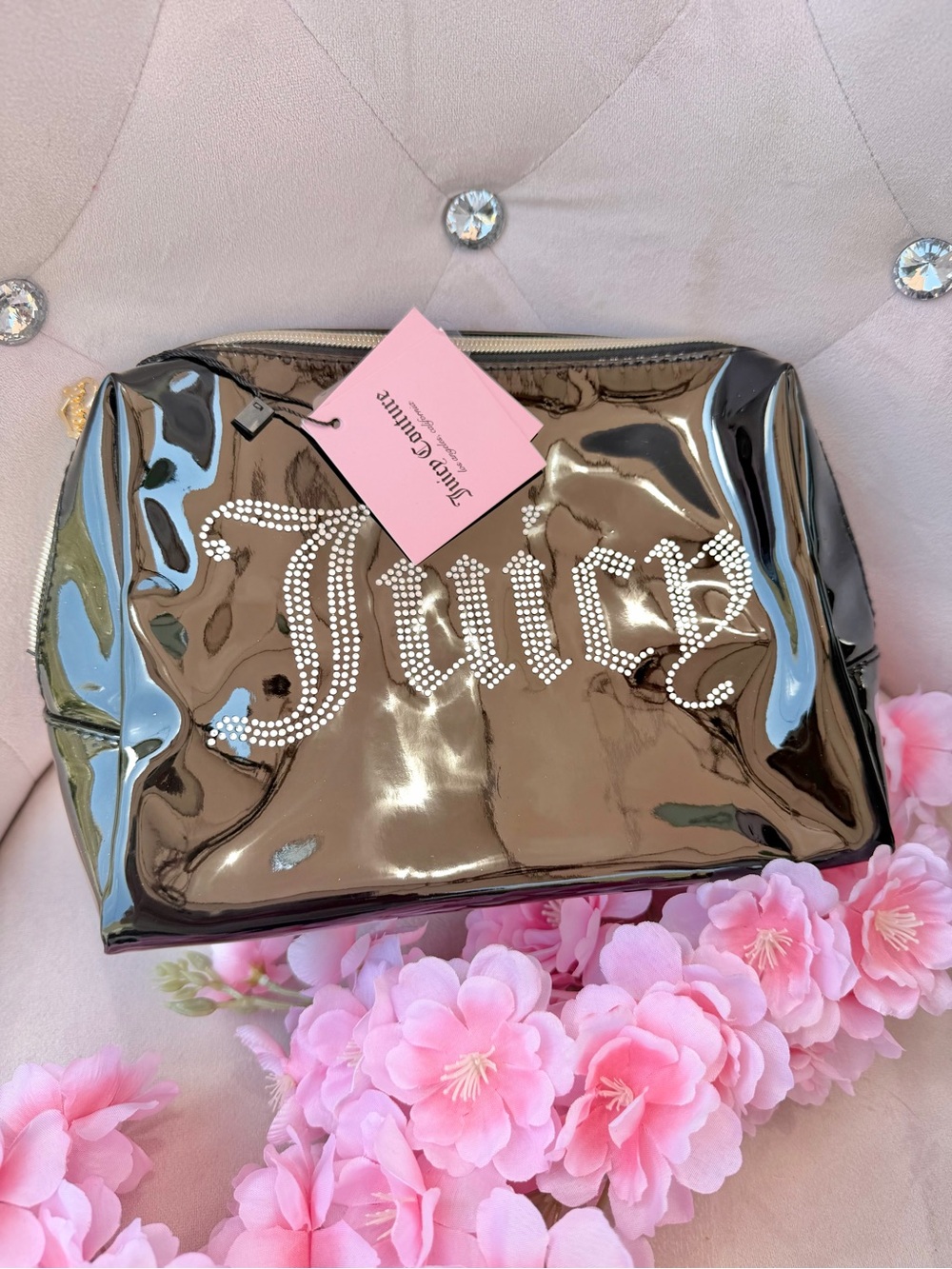 Juicy Couture Shiny Chocolate Brown Rhinestone 'Juicy' Cosmetic Pouch